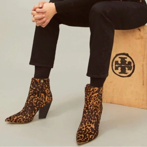 Tory Burch Leather Genuine Calf Hair Leopard Print Lila Pointed Toe Ankle Bootie - Picture 6 of 15